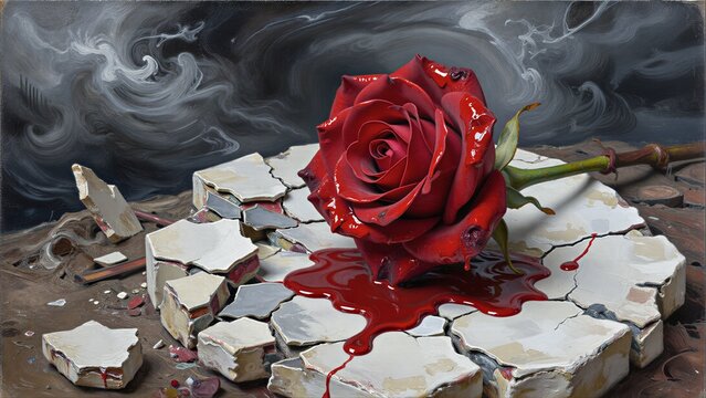 A red rose blooms amidst shattered stone, bleeding against a stormy sky.