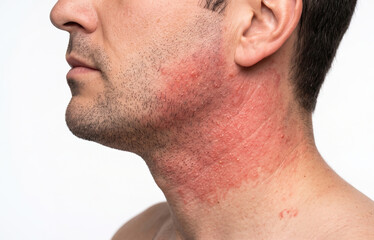 Naklejka premium Contact Dermatitis on Male Neck, Red Rash and Skin Irritation with Pustules Close Up
