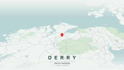 Modern minimalist vector map of Derry Londonderry, Northern Ireland. High-quality scalable illustration of Derry geographic boundaries along River Foyle contours for posters design. © AliRza
