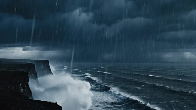 Dramatic seascape with lightning flashing over ocean and rocky cliffs under a stormy, rainy sky during a tempest