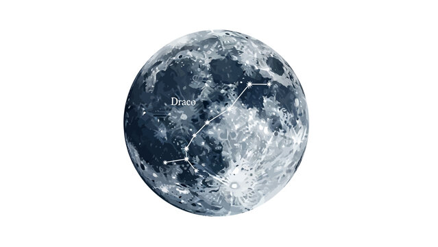 Draco Constellation Over Full Moon Surface Isolated on White