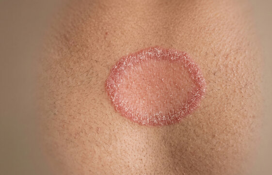 Close up of ringworm tinea corporis circular red rash and peeling skin on human body, fungal infection or psoriasis concept.