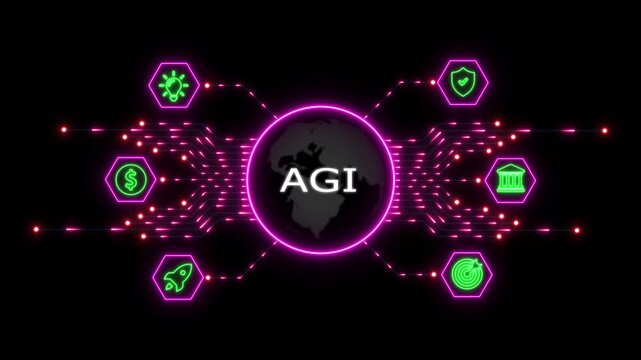 Agi text displayed in the center of a glowing dark globe surrounded by digital circuit lines and neon green on a black background