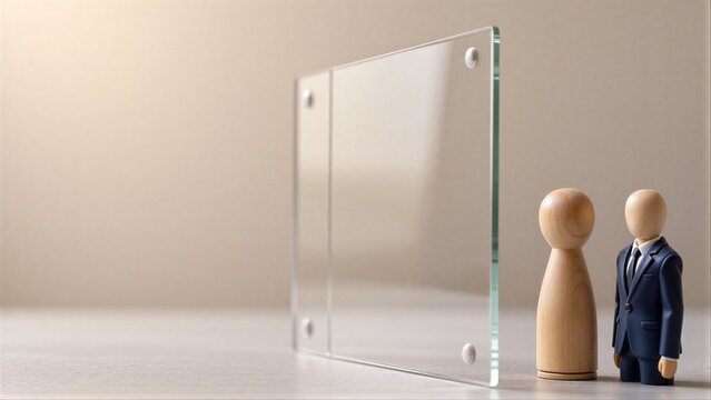 Two wooden figures stand before a transparent barrier, symbolizing separation or division.