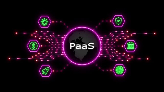 Paa s platform as a service concept with glowing neon purple circuit lines and green surrounding a central globe on a black background