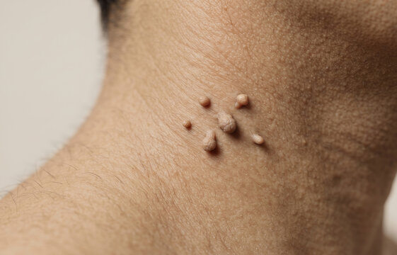 Multiple Skin Tags on Human Neck, Acrochordon and Benign Skin Growth Close Up