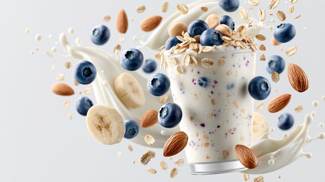 A protein smoothie surrounded by healthy breakfast ingredients floating in mid-air Generative AI