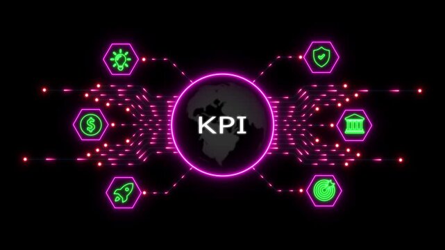 Digital globe with kpi text surrounded by glowing neon circuit lines and hexagonal business symbols on a dark black background for technology