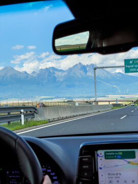 Poprad, Slovakia - August 5, 2025: Poprad-Vychod Exit Sign on D1 Motorway near the High Tatras