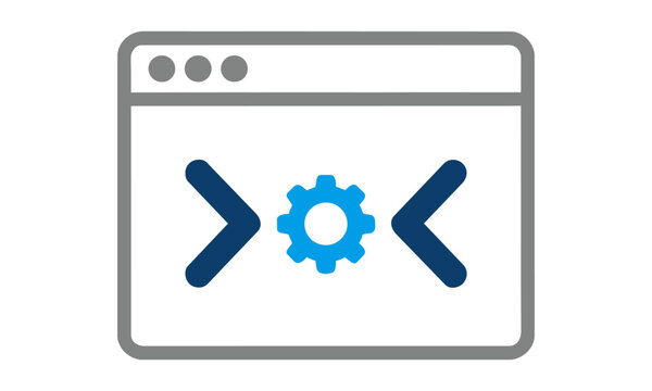 Browser window frame icon with a gear and opposing chevrons, rendered in a clean flat design style, web settings concept