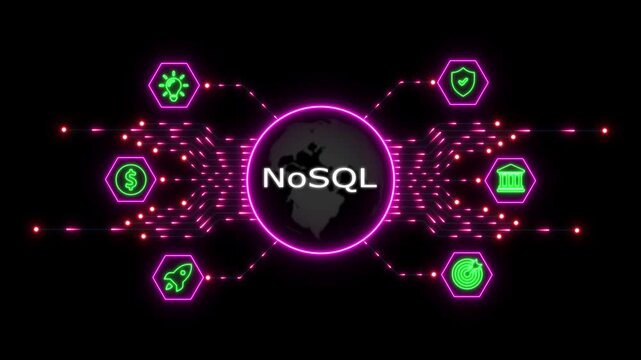 Digital globe with no sql text surrounded by glowing neon circuit lines and business on a dark background representing non relational database systems