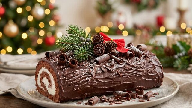 Chocolate yule log cake for Christmas celebration. Traditional festive dessert served on plate with fir branch and pinecone on wooden background with bokeh light