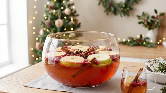 Christmas punch in glass bowl with sliced apple and cinnamon on wooden table. Festive festive beverage with cranberry for winter celebration and house party