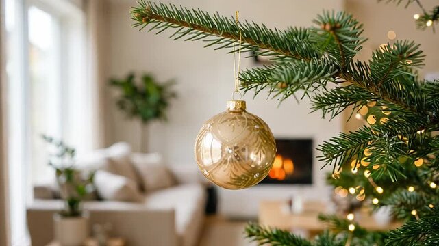 Golden bauble hanging on Christmas tree branch in cozy living room. Festive holiday decoration with glowing fairy lights and blurred fireplace background view