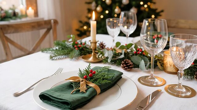 Festive Christmas dinner table setting with green napkin and candle. Holiday dining room decor with fir branches and berries for cozy celebration at home night