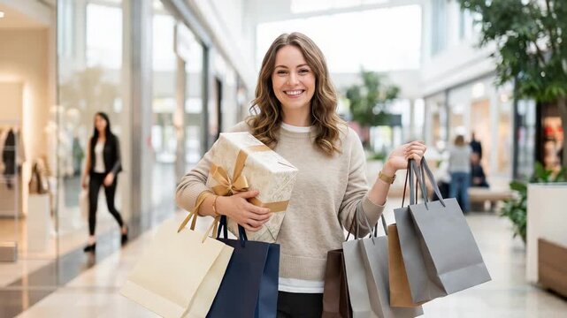 Happy woman shopping in mall with gifts and bags. Joyful girl enjoying Christmas sale in store center. Festive holiday season consumerism and present purchase