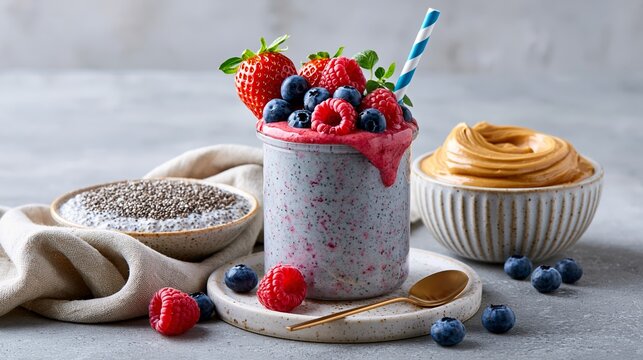 Healthy breakfast scene with protein smoothie, berries, chia pudding, and almond butter Generative AI