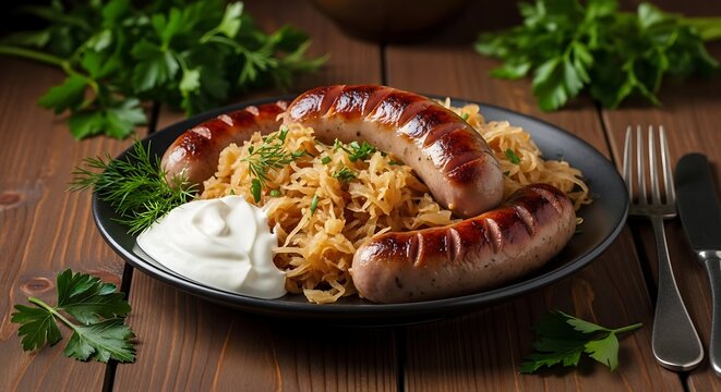 Traditional roasted pork sausages served warmly on a plate with savory sauerkraut and creamy sauce for a hearty meal during lunchtime gatherings with friends and family members at home