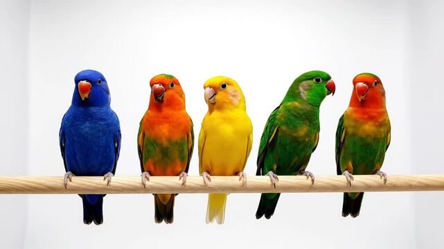 Five colorful parrots on a wooden perch look in different directions against a clean white background