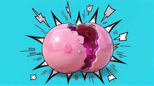 Pink egg explodes with vibrant purple interior against bright blue background.