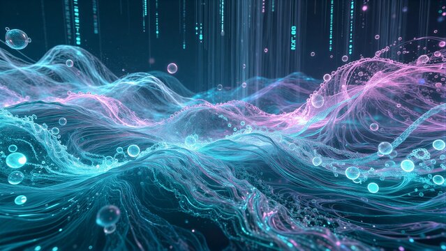 Digital waves of blue and pink flow with bubbles, data streams above.