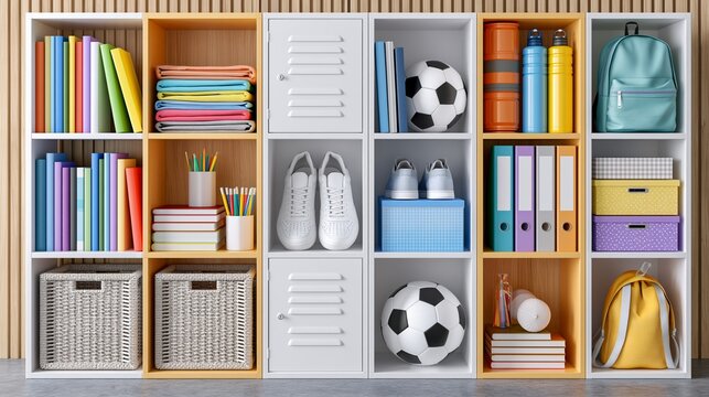 Organized school locker with books, shoes, sports items, and stationery displayed arranged neatly Generative AI