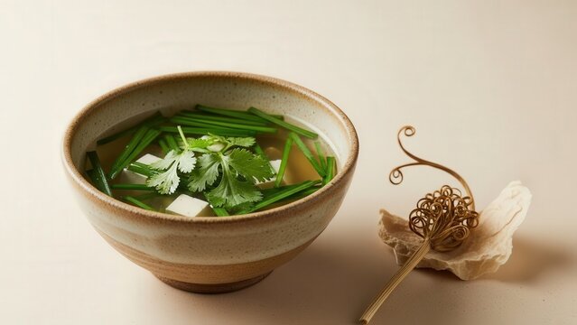 Gourmet Chueo Tang clear loach soup with wild chives and tofu, elegant minimalist presentation with soft beige copy space