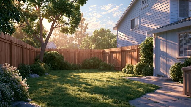 Sunlit backyard with green lawn and wooden fence in a suburban community during late afternoon Generative AI