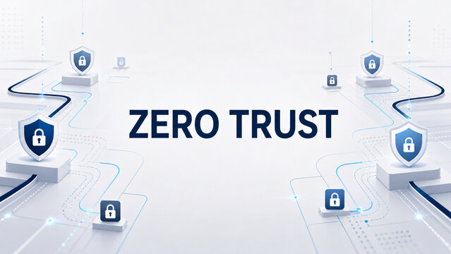 Futuristic zero trust cybersecurity concept featuring blue shield and padlock icons connected across a clean white digital network.