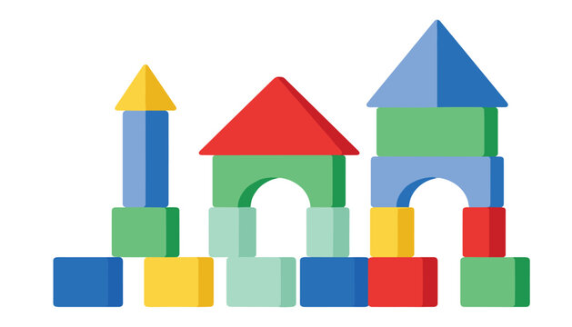 Colorful toy building blocks castle vector illustration featuring geometric wood shapes towers and arches isolated on white background