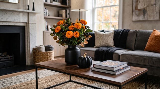 Orange flowers in vase with black pumpkin on coffee table in cozy living room interior. Elegant autumn home decor for Halloween season celebration. Seasonal festive house styling