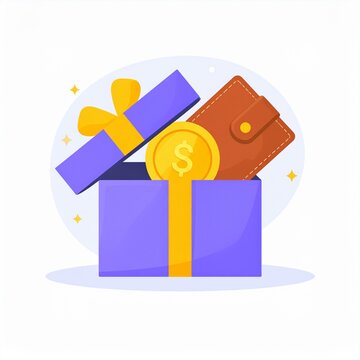Brown Leather Wallet and Gold Coin Inside Open Gift Box Concept