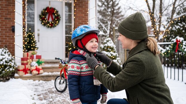 Mother fastening helmet on smiling child outdoors at Christmas. Parent caring for kid during winter holiday. Family activity in snow near festive house decor. Safety and love at Christmas