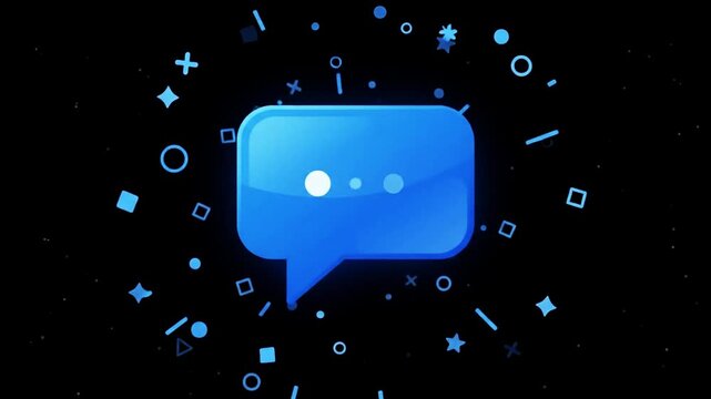 Blue speech bubble chat icon animation with geometric particles on dark background for modern communication concept