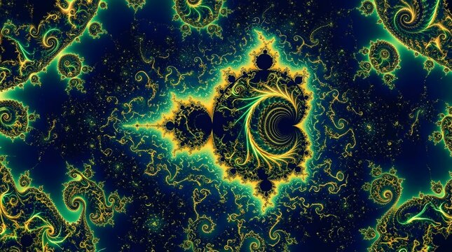 Vibrant teal and yellow fractal geometry with spiral details