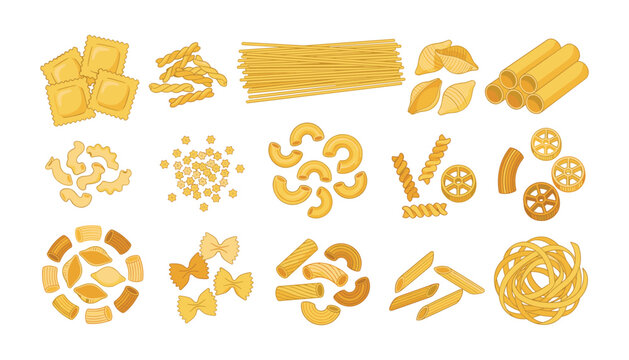 Italian pasta types vector icons collection featuring spaghetti penne macaroni ravioli and farfalle elements isolated on white background