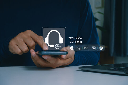 Technical support concept showing a professional using a smartphone with laptop, headset icon and 24/7 service symbols, representing customer care, IT helpdesk, digital assistance and business.