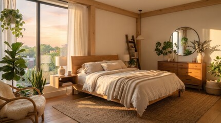 Fototapeta premium Warm natural light illuminates a serene bedroom with lush green plants