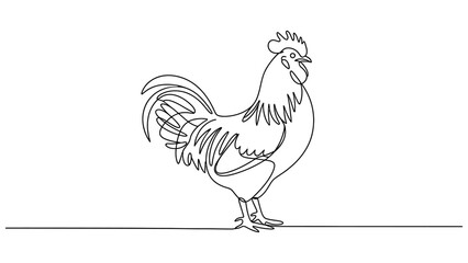 Rooster drawn with a single continuous black line on a white background Vector, illustration © Joya
