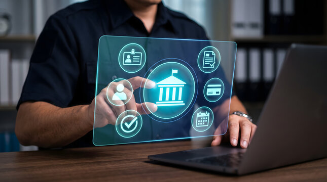 Government worker using futuristic digital public service interface with civic technology icons