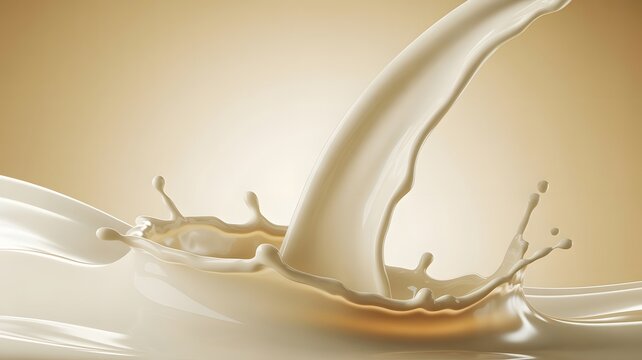 Milk splashing in slow motion, creating a dynamic and refreshing wave. The creamy liquid forms elegant curves and droplets, highlighting its smooth texture