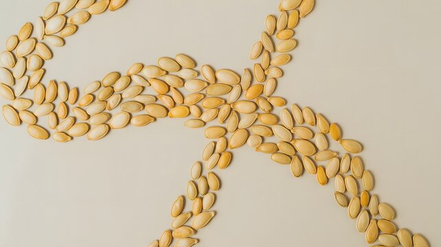 Arrangement of pumpkin seeds in a creative pattern, light background