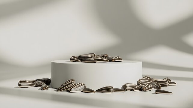 A pile of sunflower seeds scattered around a minimalist white podium with soft shadows. A beautiful still life arrangement emphasizing texture and simplicity