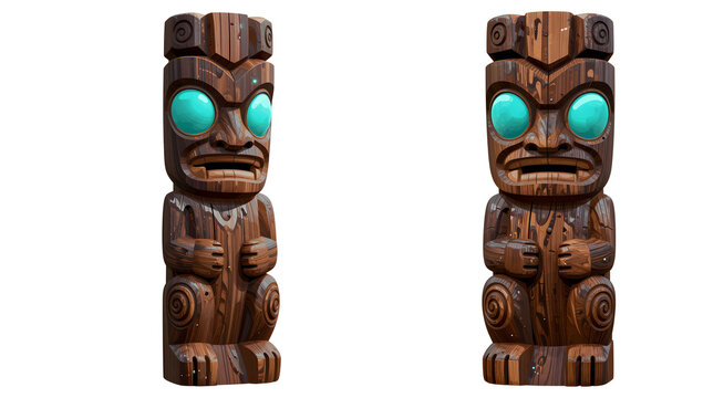 Hand-carved wooden tiki totem pole with glowing turquoise eyes