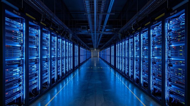 Modern data center server racks with blue lighting