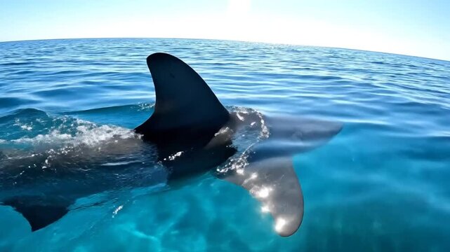 Graceful shark gliding in shimmering turquoise water with dorsal fin above surface under bright sunlight