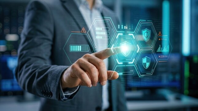 Cybersecurity, data protection, network security, digital interface, technology, businessman, information security professional interacting with futuristic shield icons in server room.