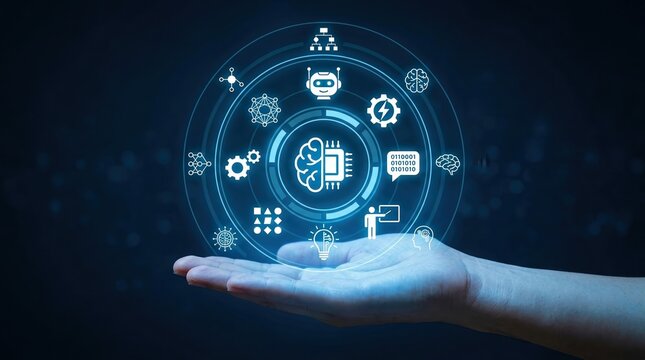 Artificial intelligence, machine learning, technology, future, digital, innovation, brain symbols glowing over a hand showing advanced automation and neural network connectivity.