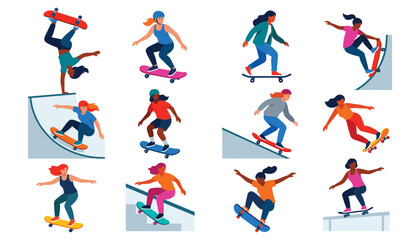 Skater girls characters set riding skateboards jumping doing tricks and stunts on ramps and street elements vector illustration © moinul