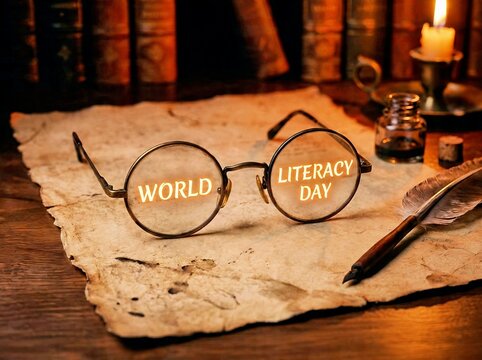 Celebrating World Literacy Day with vintage spectacles, antique books, and a quill, embodying education's spirit and the timeless quest for knowledge